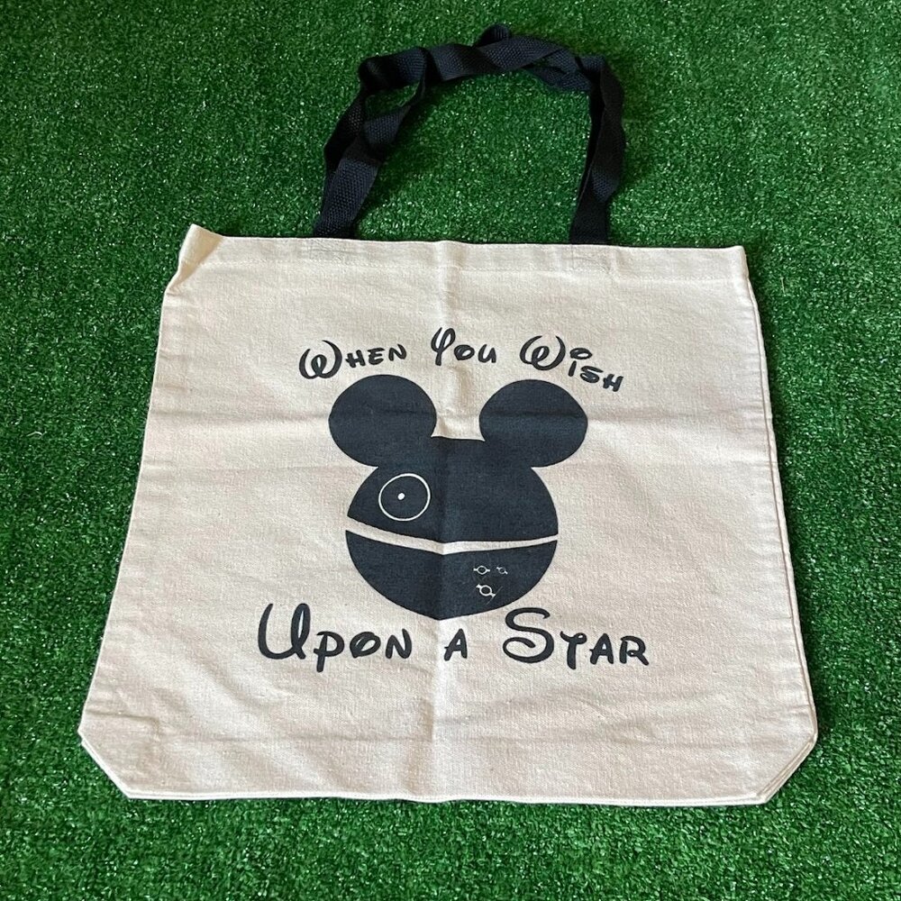 Disney Death Star Mickey Mouse Canvas Reusable Beige Star Wars Tote Handbag Bag